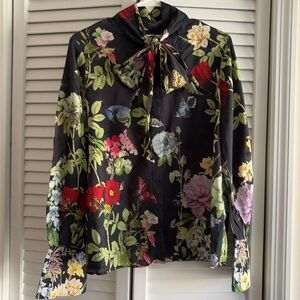 Alice + Olivia Black Floral , Botanical Blouse with Bow XL